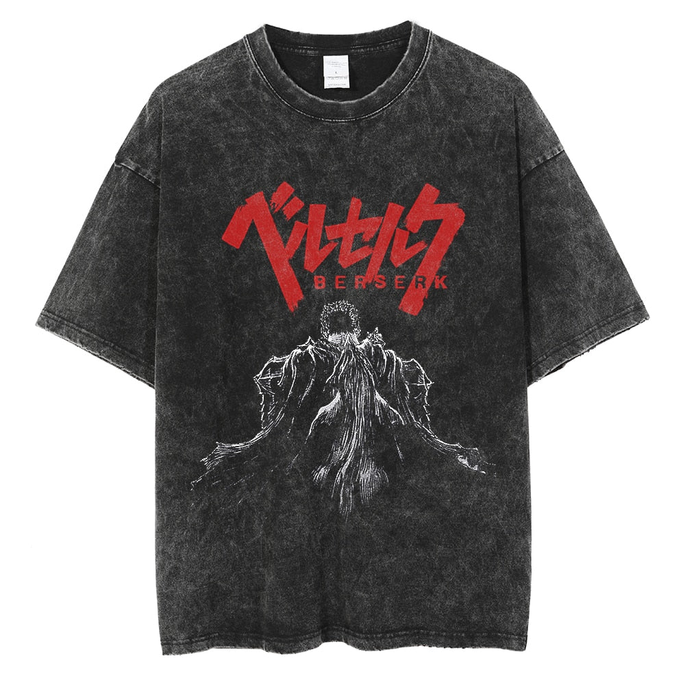 Berserk T-Shirt Men Washed T Shirt Japanese Anime Guts Graphic Tshirt Hip Hop Streetwear Summer Casual Cotton Short Sleeve Tees