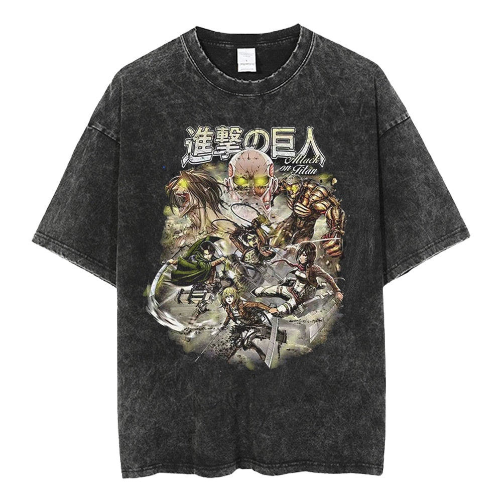 Anime Attack on Titan  Graphic Tee Shirt Vintage Washed Tshirts Graphic T-Shirt Harajuku Streetwear Unisex Cotton Top Tees