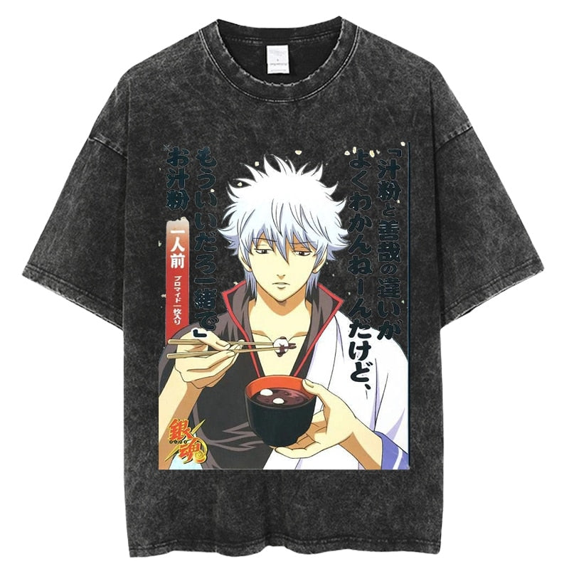 Anime Gintama Print Graphic Tshirt Vintage Washed Tee shirts Men Women Casual Manga Streetwear Harajuku Gothic Tops Tees 100% Cotton Summer