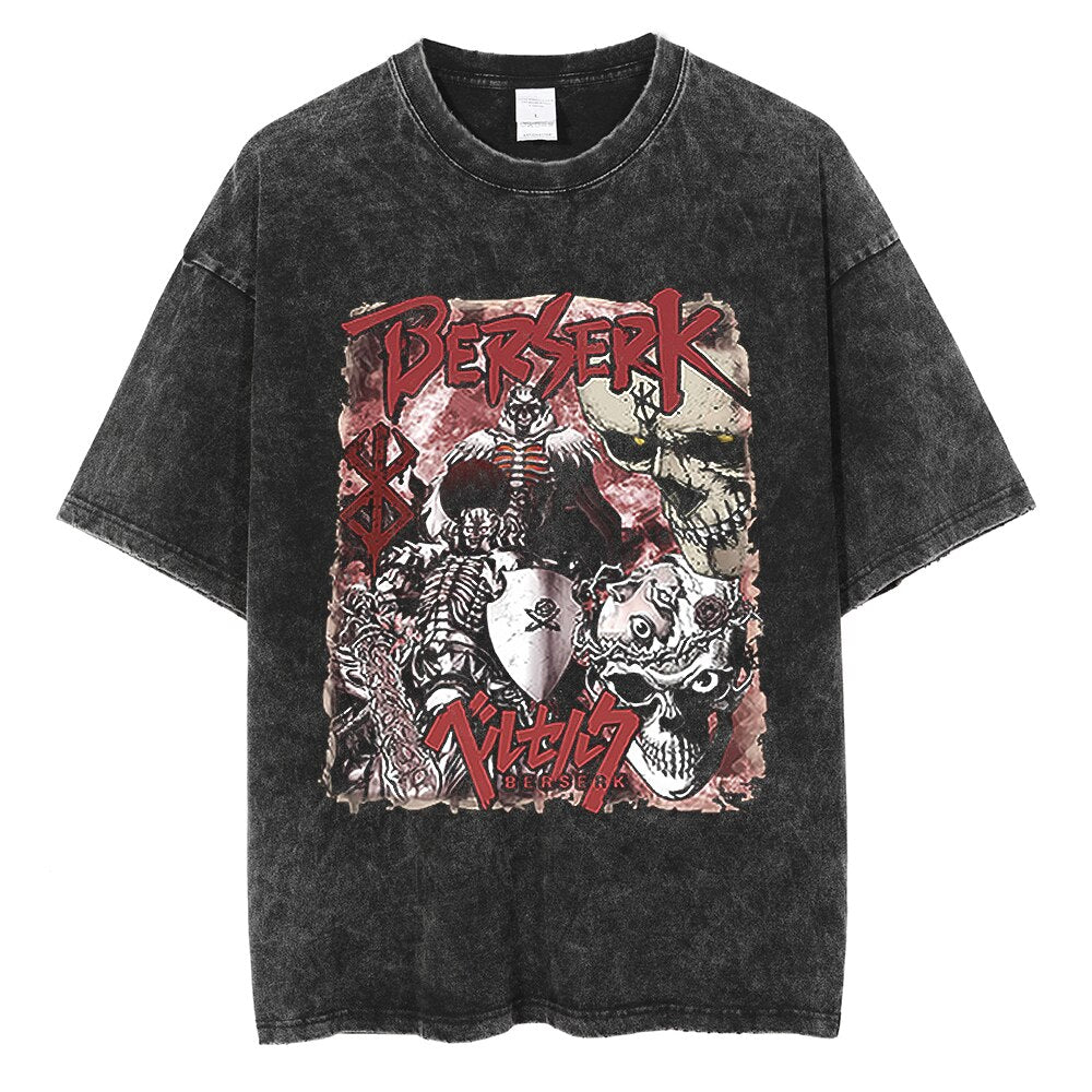 Berserk T-Shirt Men Washed T Shirt Japanese Anime Guts Graphic Tshirt Hip Hop Streetwear Summer Casual Cotton Short Sleeve Tees