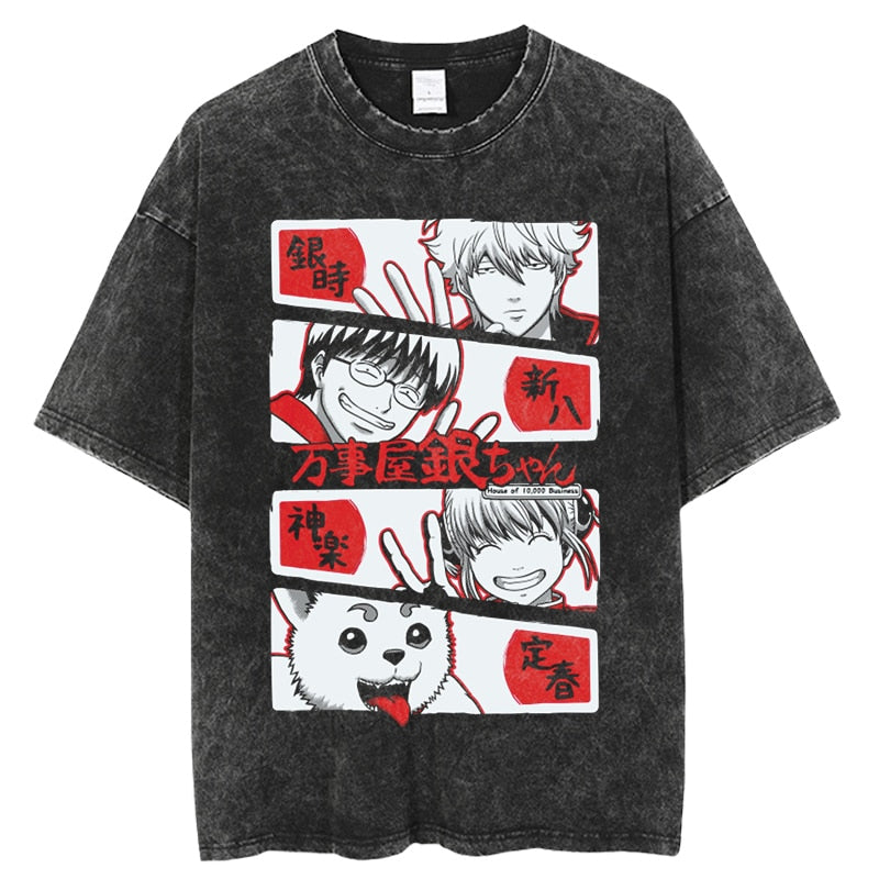 Anime Gintama Print Graphic Tshirt Vintage Washed Tee shirts Men Women Casual Manga Streetwear Harajuku Gothic Tops Tees 100% Cotton Summer