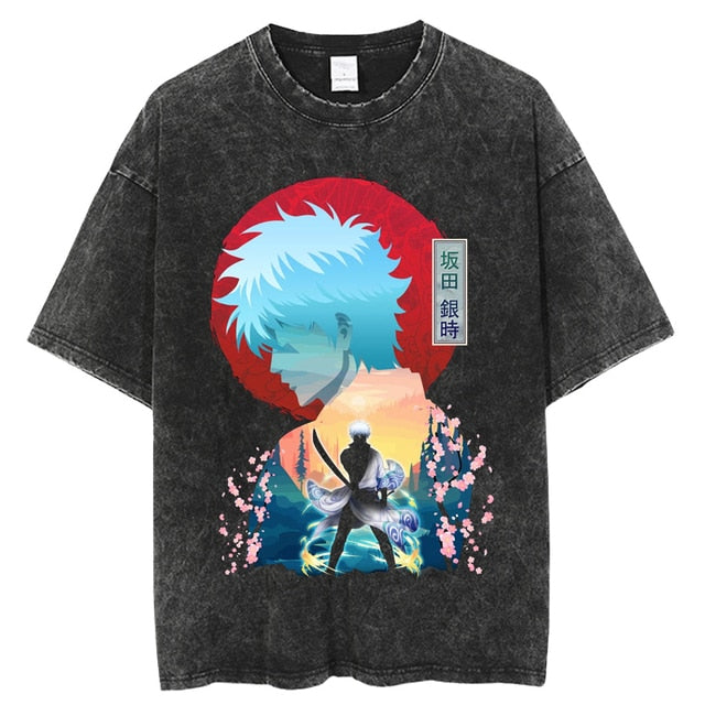 Anime Gintama Print Graphic Tshirt Vintage Washed Tee shirts Men Women Casual Manga Streetwear Harajuku Gothic Tops Tees 100% Cotton Summer