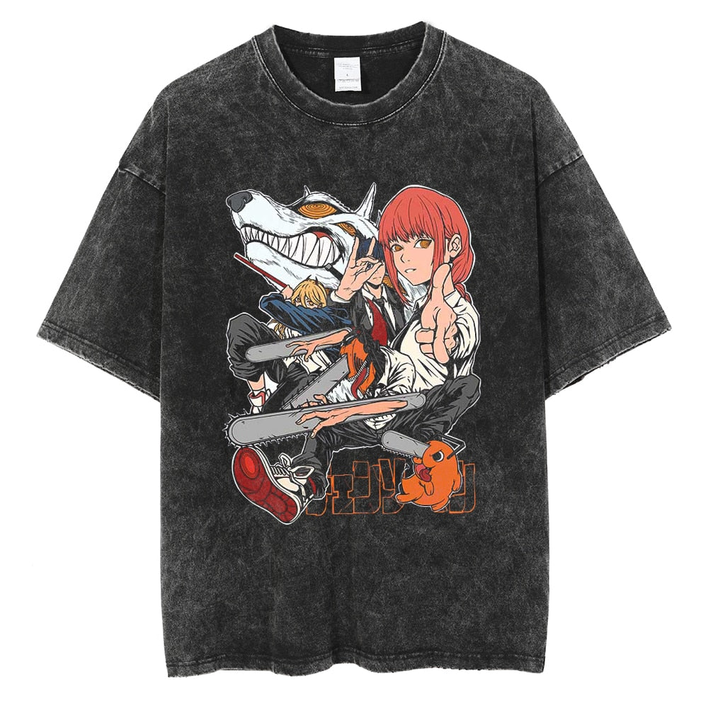 Anime Chainsaw Man Graphic T Shirt Harajuku Hip Hop Vintage Washed Power Print Tshirts Oversize 100% Cotton Streetwear T-shirt