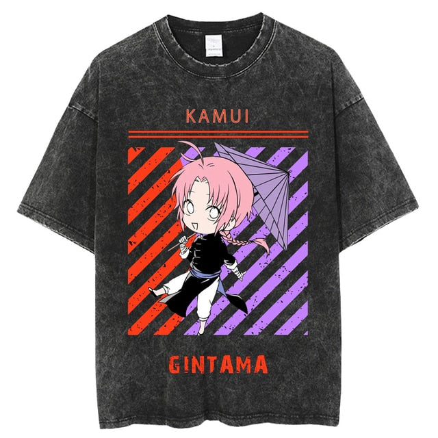 Anime Gintama Print Graphic Tshirt Vintage Washed Tee shirts Men Women Casual Manga Streetwear Harajuku Gothic Tops Tees 100% Cotton Summer