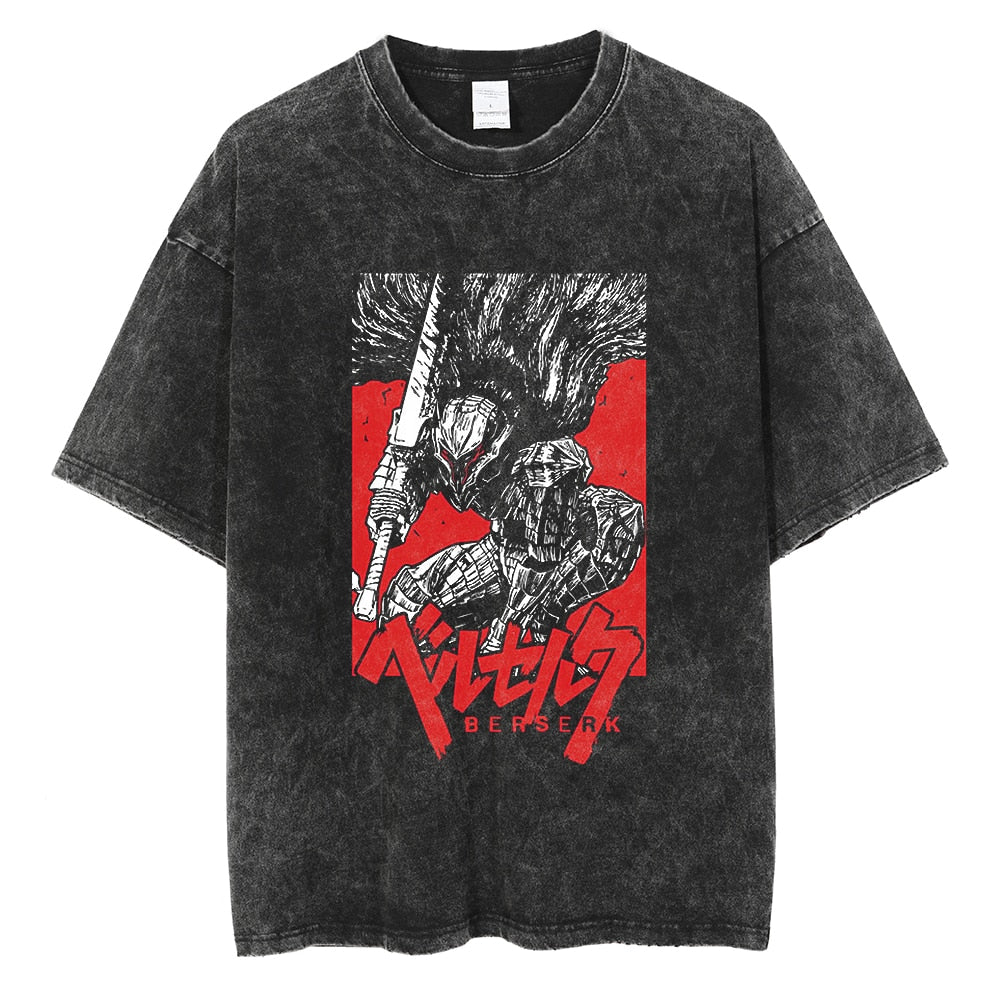 Berserk T-Shirt Men Washed T Shirt Japanese Anime Guts Graphic Tshirt Hip Hop Streetwear Summer Casual Cotton Short Sleeve Tees