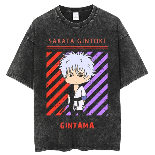 Anime Gintama Print Graphic Tshirt Vintage Washed Tee shirts Men Women Casual Manga Streetwear Harajuku Gothic Tops Tees 100% Cotton Summer