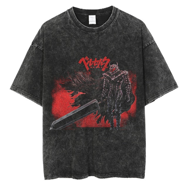 Berserk T-Shirt Men Washed T Shirt Japanese Anime Guts Graphic Tshirt Hip Hop Streetwear Summer Casual Cotton Short Sleeve Tees