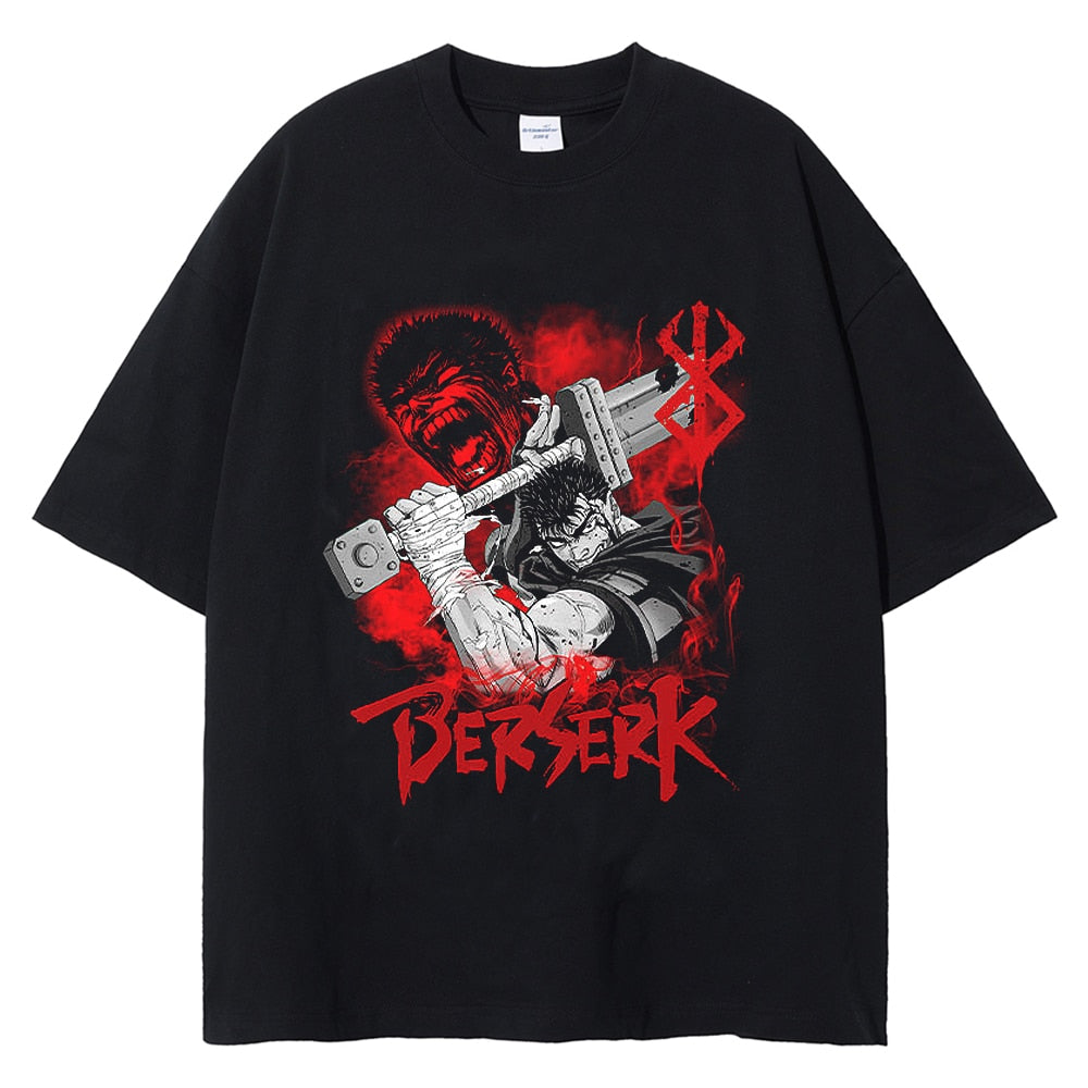 Berserk T-Shirt Men Washed T Shirt Japanese Anime Guts Graphic Tshirt Hip Hop Streetwear Summer Casual Cotton Short Sleeve Tees