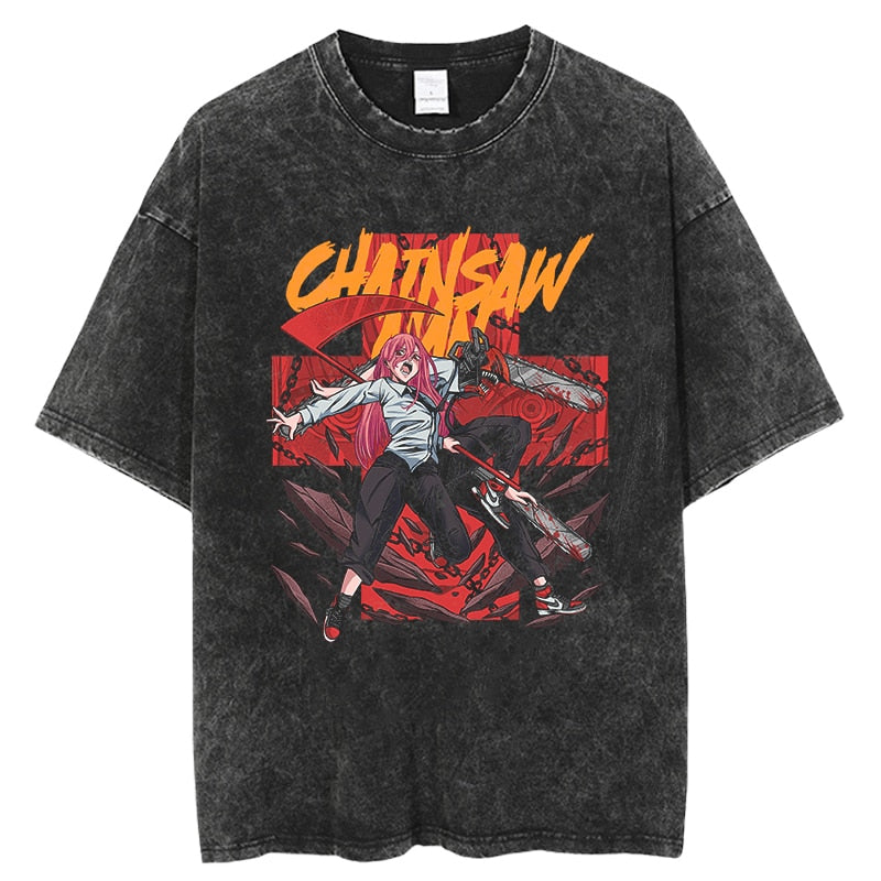 Anime Chainsaw Man Graphic T Shirt Harajuku Hip Hop Vintage Washed Power Print Tshirts Oversize 100% Cotton Streetwear T-shirt