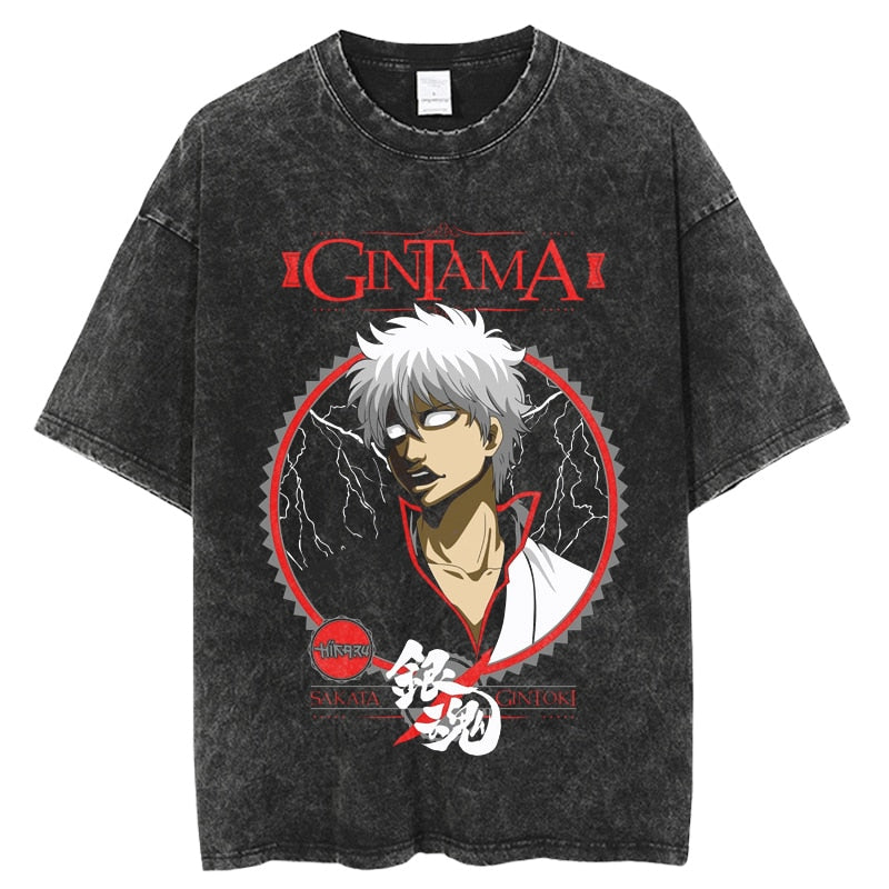 Anime Gintama Print Graphic Tshirt Vintage Washed Tee shirts Men Women Casual Manga Streetwear Harajuku Gothic Tops Tees 100% Cotton Summer