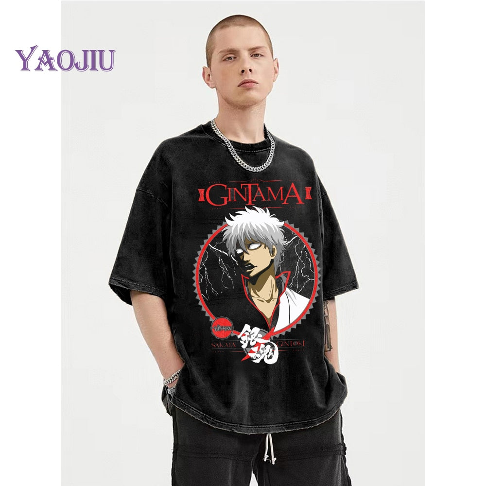 Anime Gintama Print Graphic Tshirt Vintage Washed Tee shirts Men Women Casual Manga Streetwear Harajuku Gothic Tops Tees 100% Cotton Summer