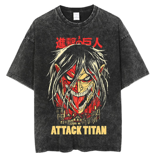 Anime Attack on Titan Graphic Tee Shirt Vintage Washed Tshirts Graphic T-Shirt Harajuku Streetwear Unisex Cotton Top Tees